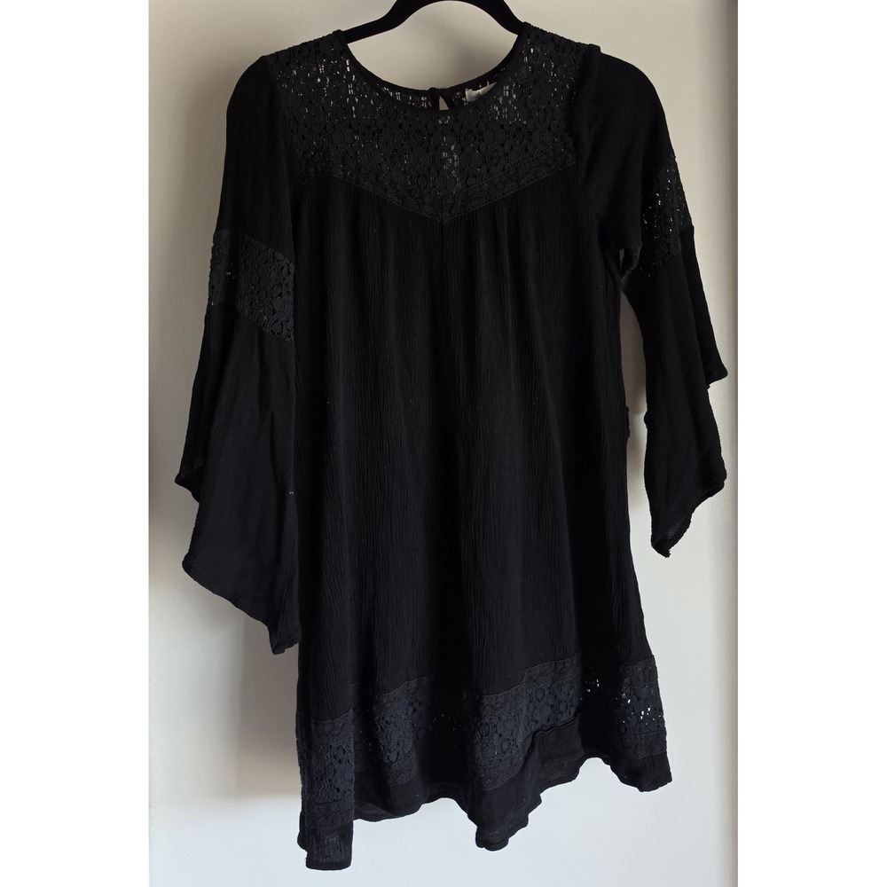 American Rag Cie Mini Dress Sz L Black Gauze 3/4 Sleeve Round Neck Boho Crochet